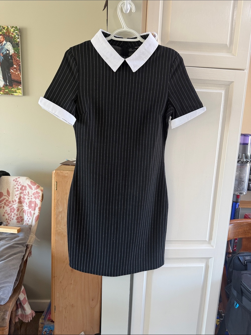 Forever 21 Black Pinstripe Shift Dress with White Collar